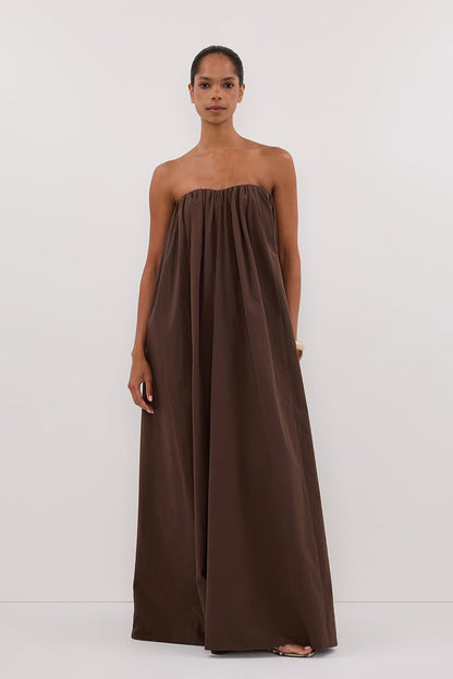 ROISIN BITTER CHOC COTTON STRAPLESS MAXI DRESS