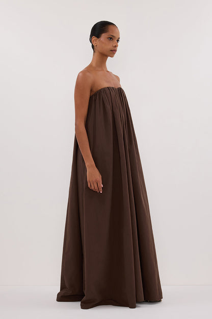 ROISIN BITTER CHOC COTTON STRAPLESS MAXI DRESS