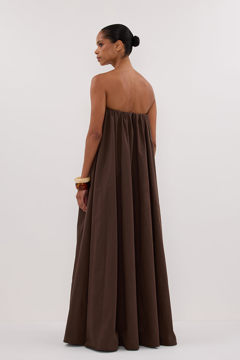ROISIN BITTER CHOC COTTON STRAPLESS MAXI DRESS