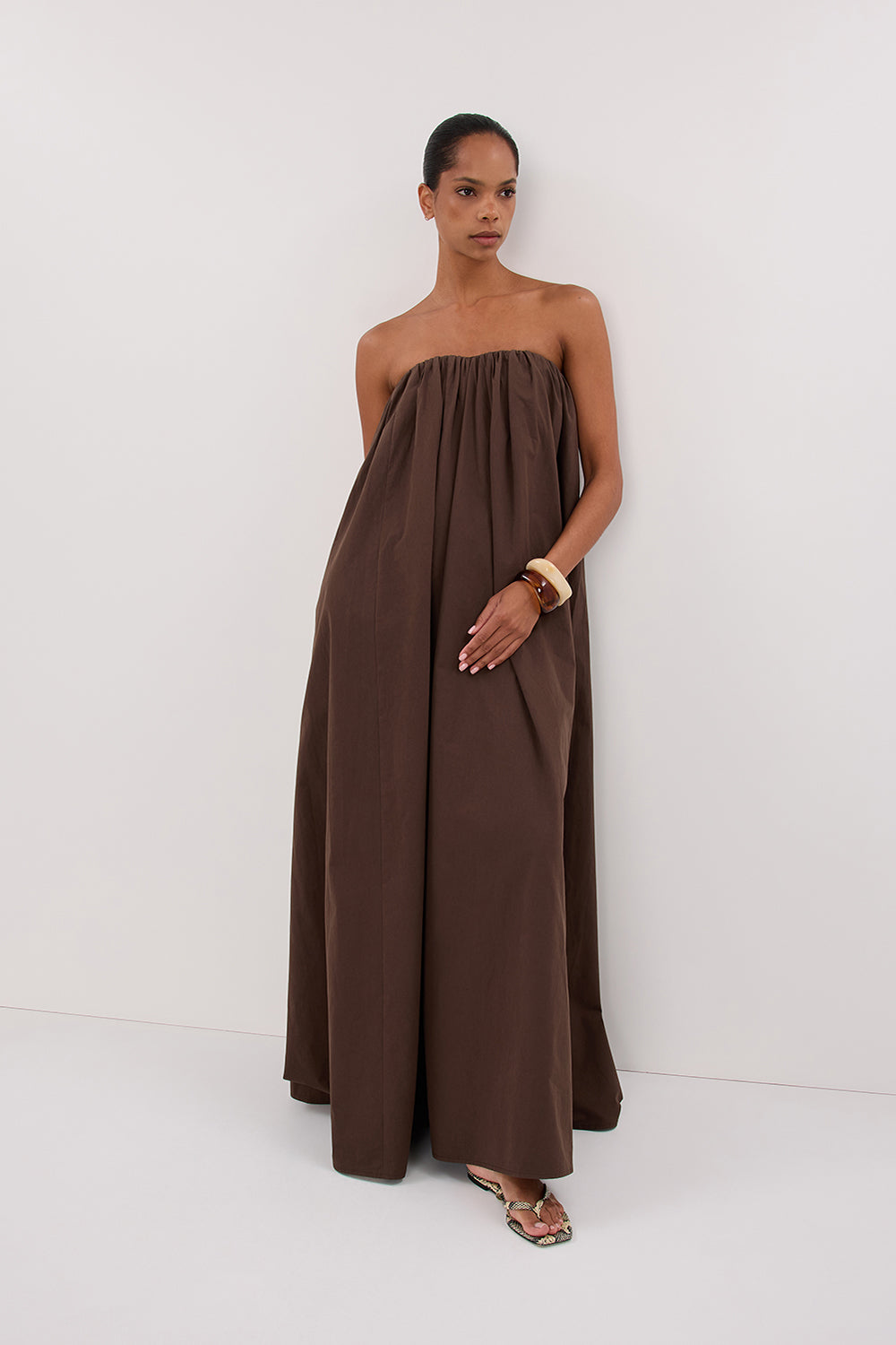 ROISIN BITTER CHOC COTTON STRAPLESS MAXI DRESS