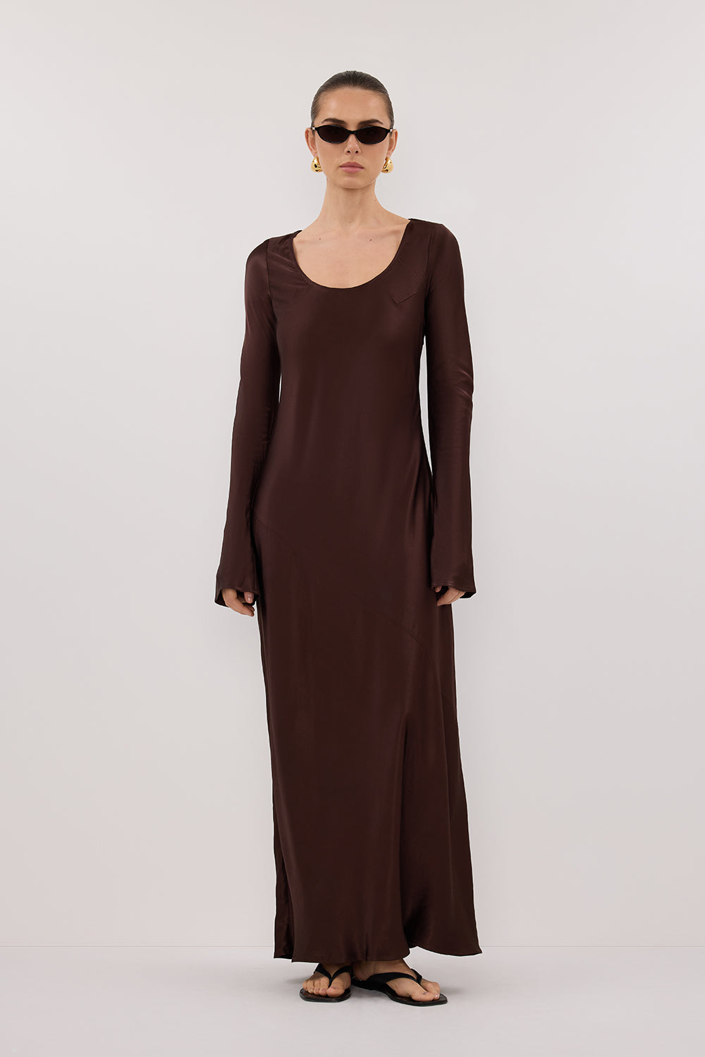 ELOISE BITTER CHOC LONG SLEEVE SATIN MIDI DRESS