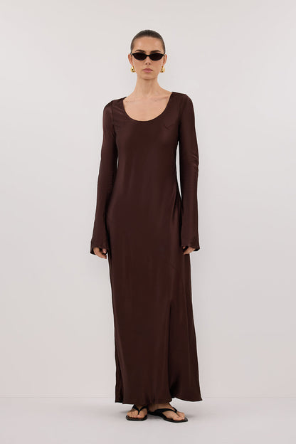 ELOISE BITTER CHOC LONG SLEEVE SATIN MIDI DRESS