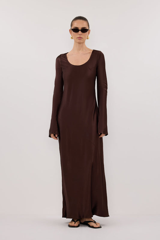 ELOISE BITTER CHOC LONG SLEEVE SATIN MIDI DRESS