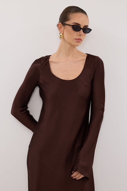 ELOISE BITTER CHOC LONG SLEEVE SATIN MIDI DRESS