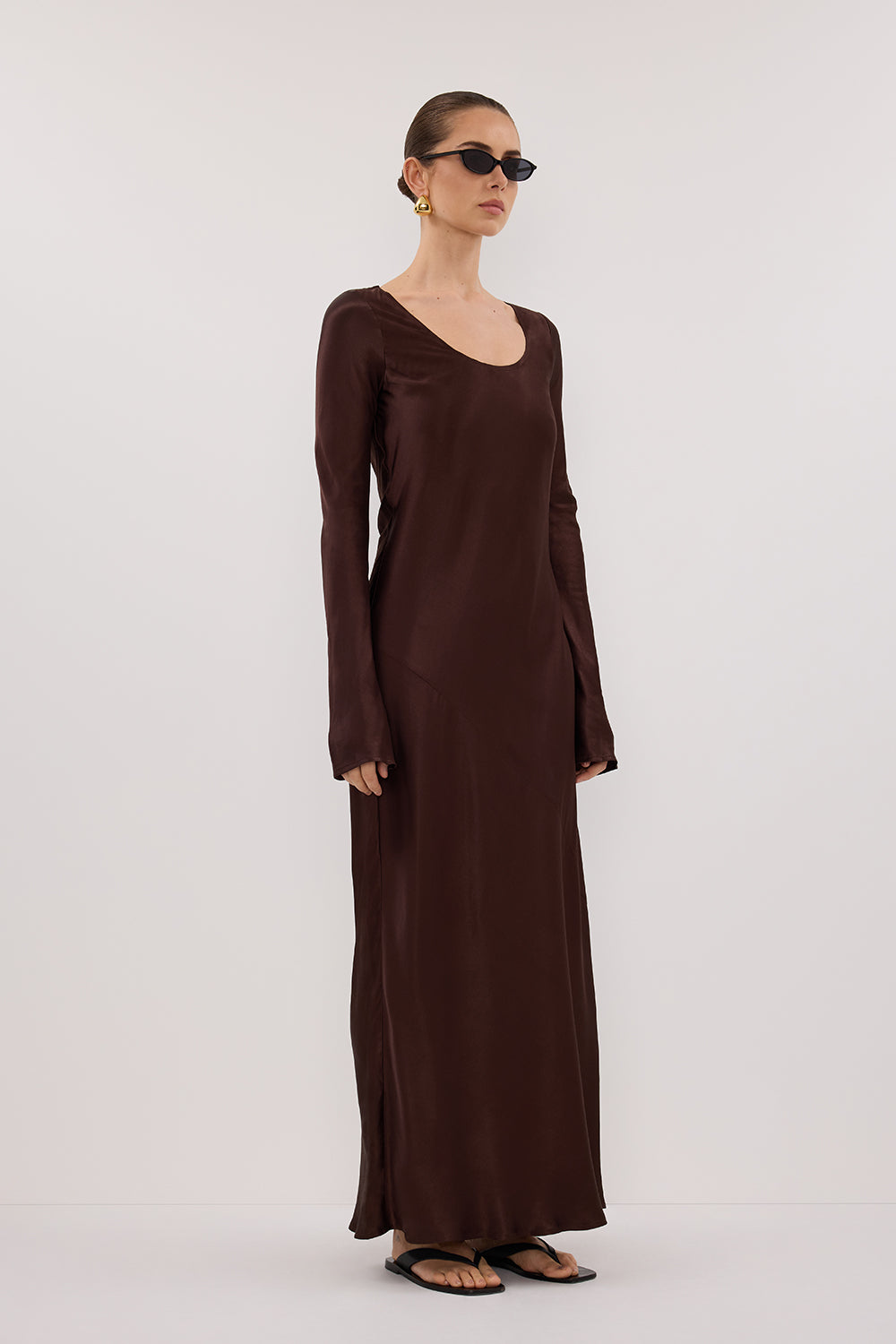 ELOISE BITTER CHOC LONG SLEEVE SATIN MIDI DRESS