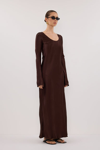 ELOISE BITTER CHOC LONG SLEEVE SATIN MIDI DRESS