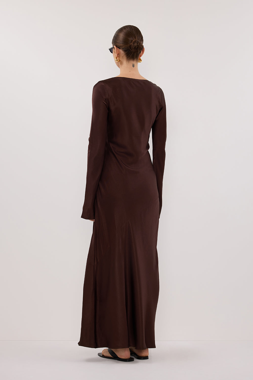 ELOISE BITTER CHOC LONG SLEEVE SATIN MIDI DRESS