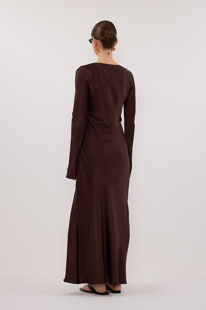 ELOISE BITTER CHOC LONG SLEEVE SATIN MIDI DRESS