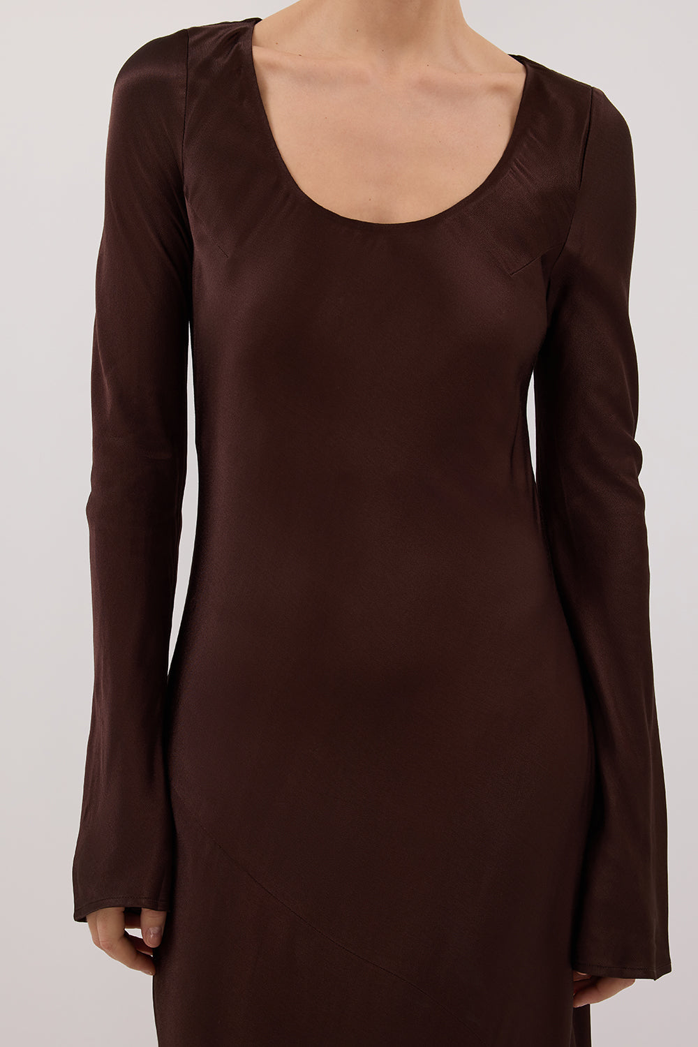 ELOISE BITTER CHOC LONG SLEEVE SATIN MIDI DRESS