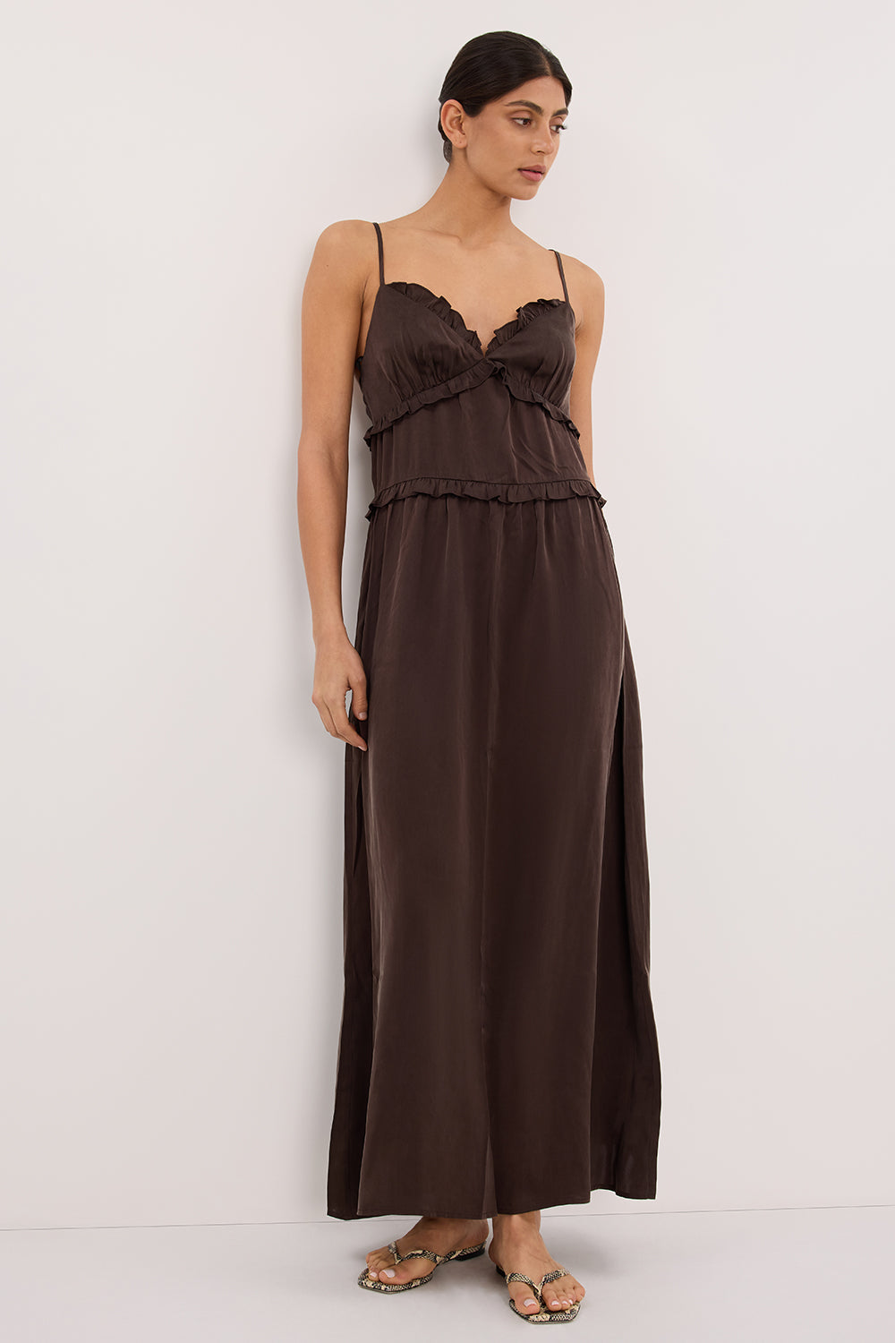 LENA BITTER CHOC SILK SLEEVELESS MAXI DRESS