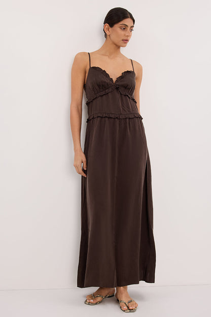 LENA BITTER CHOC SILK SLEEVELESS MAXI DRESS