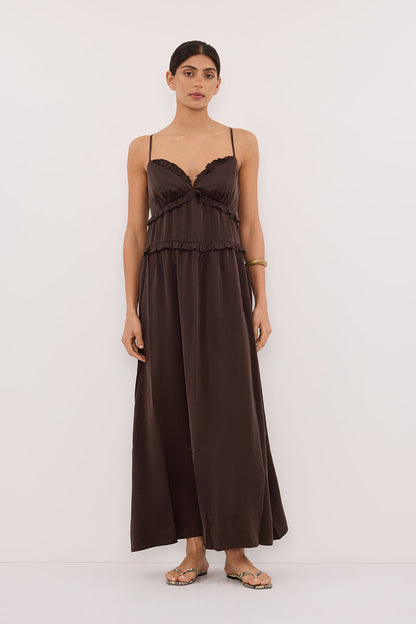 LENA BITTER CHOC SILK SLEEVELESS MAXI DRESS
