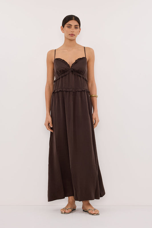 LENA BITTER CHOC SILK SLEEVELESS MAXI DRESS
