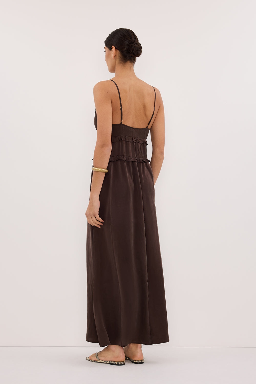 LENA BITTER CHOC SILK SLEEVELESS MAXI DRESS
