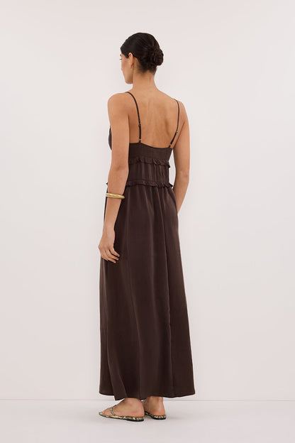 LENA BITTER CHOC SILK SLEEVELESS MAXI DRESS