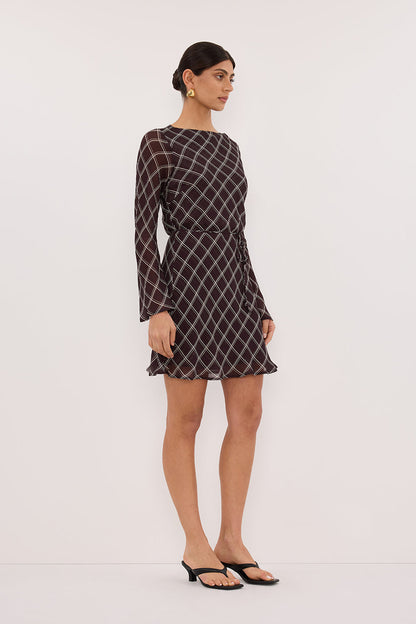 ARLINGTON CHOC LONG SLEEVE BOAT NECK MINI DRESS