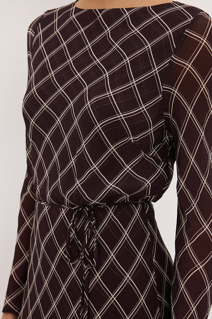 ARLINGTON CHOC LONG SLEEVE BOAT NECK MINI DRESS
