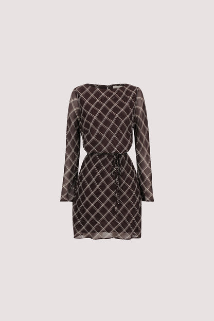 ARLINGTON CHOC LONG SLEEVE BOAT NECK MINI DRESS