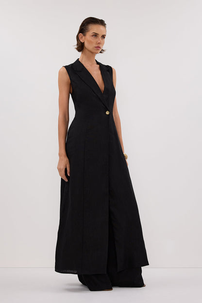 CORA BLACK LINEN MIDI DRESS
