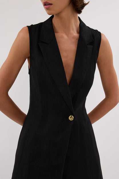 CORA BLACK LINEN MIDI DRESS