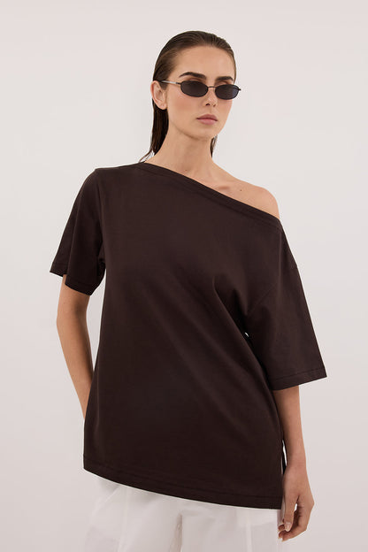 ESME BITTER CHOC ASYM BOAT NECK TEE
