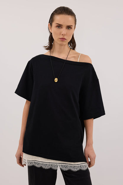 ESME BLACK ASYM BOAT NECK TEE