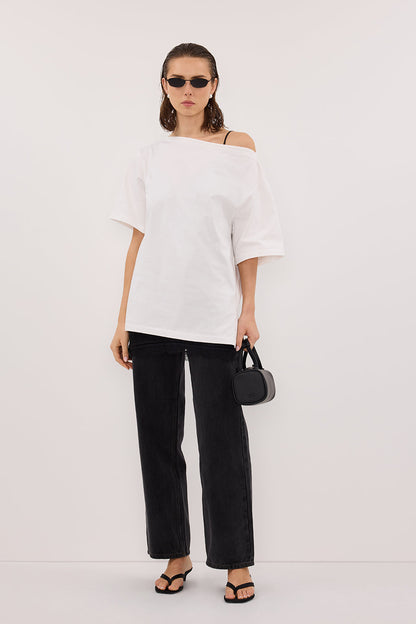 ESME WHITE ASYM BOAT NECK TEE