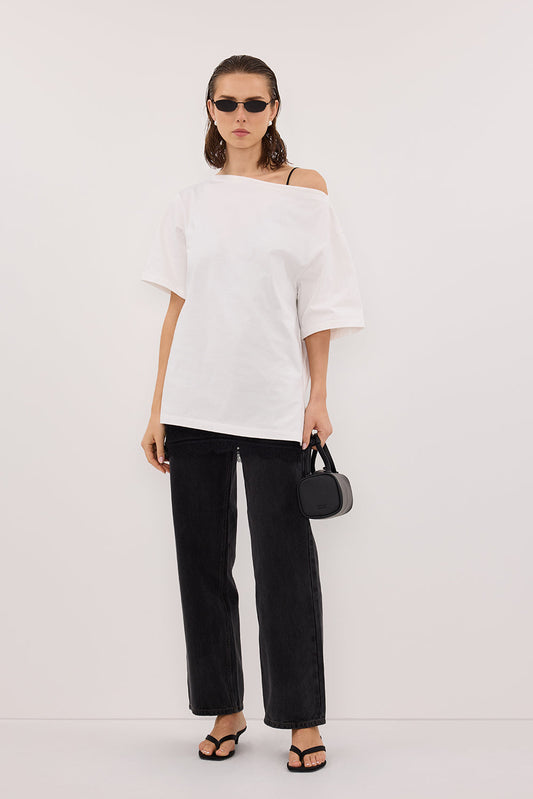 ESME WHITE ASYM BOAT NECK TEE