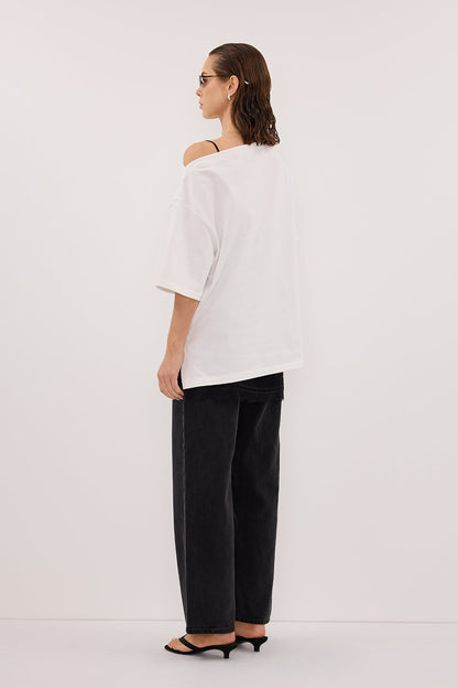 ESME WHITE ASYM BOAT NECK TEE