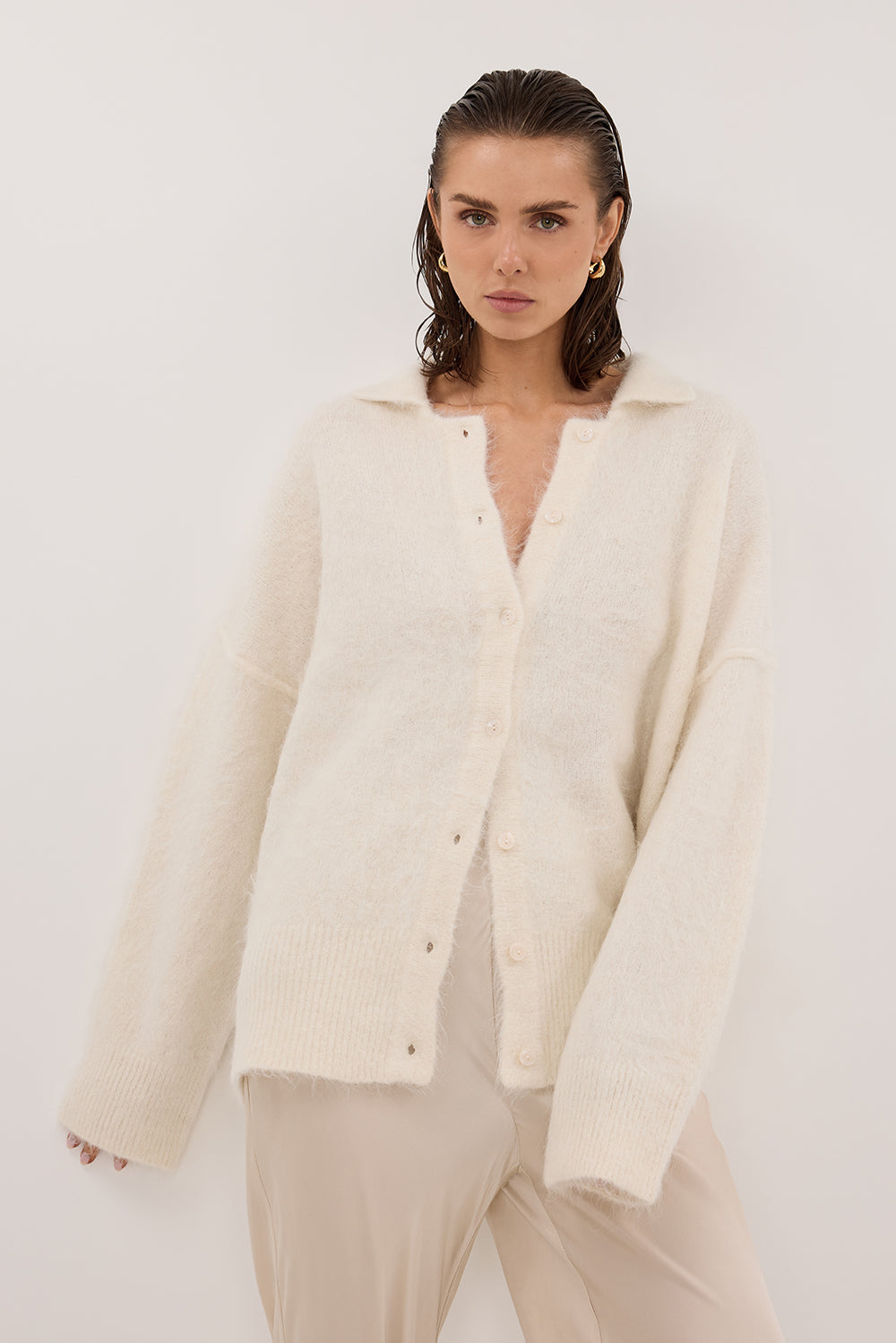 SALMA IVORY POLO NECK KNIT CARDIGAN