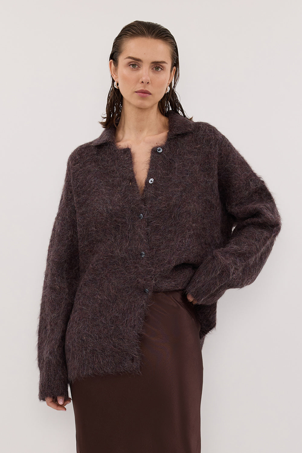 SALMA WINE POLO NECK KNIT CARDIGAN