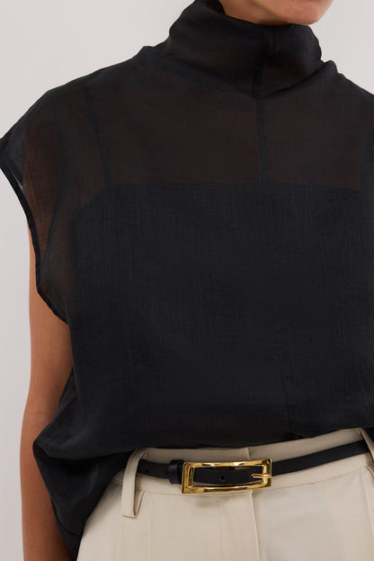 CARMEL BLACK RAMIE FUNNEL NECK TOP