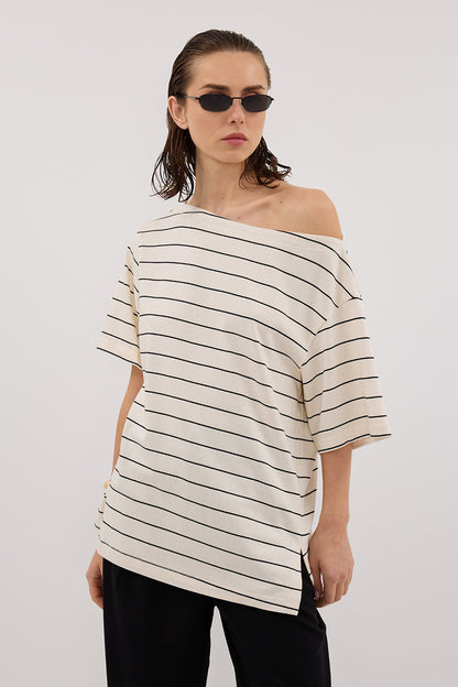 ESME OFF WHITE  STRIPE ASYM TEE