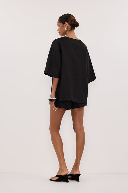 LELA BLACK SHORT SLEEVE LINEN SHIRT