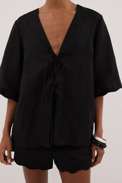 LELA BLACK SHORT SLEEVE LINEN SHIRT