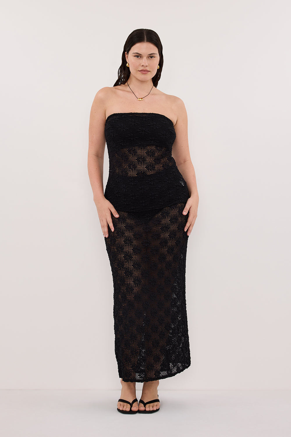 AGNES BLACK CROCHET COLUMN MIDI SKIRT