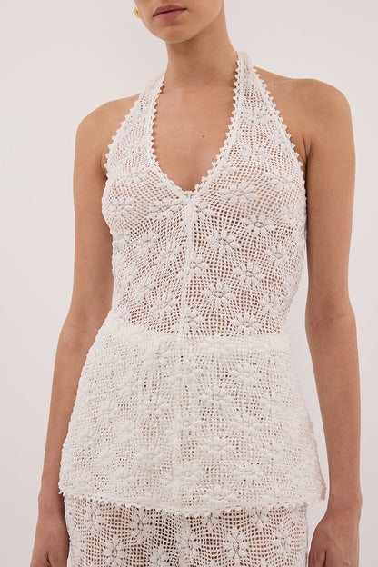 AGNES WHITE SLEEVELESS CROCHET HALTER TOP