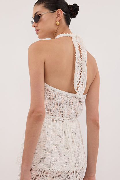 AGNES WHITE SLEEVELESS CROCHET HALTER TOP