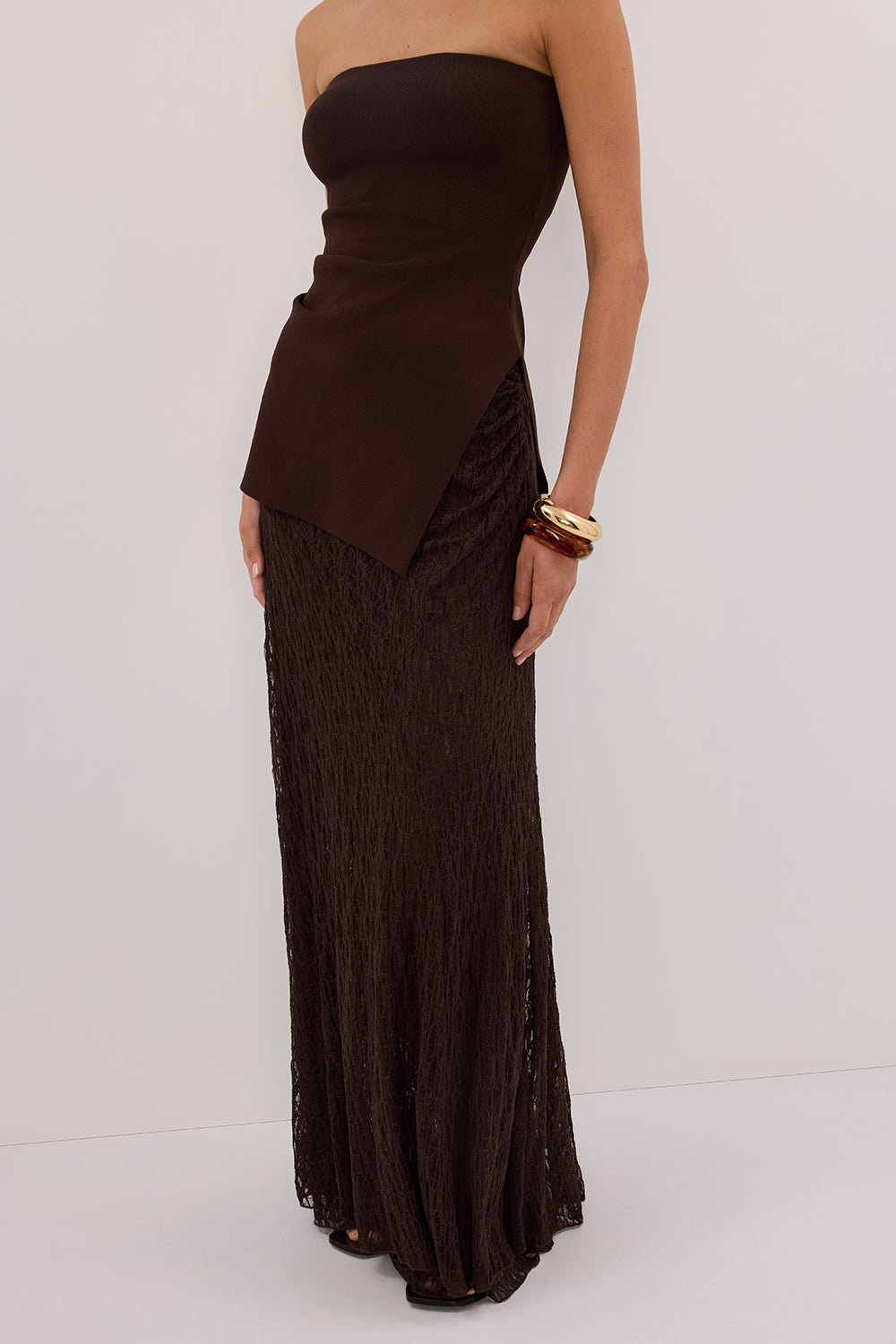 LIZZIE DARK CHOC LAYERED LACE MIDI SKIRT