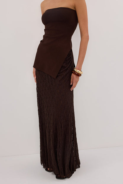 LIZZIE DARK CHOC LAYERED LACE MIDI SKIRT