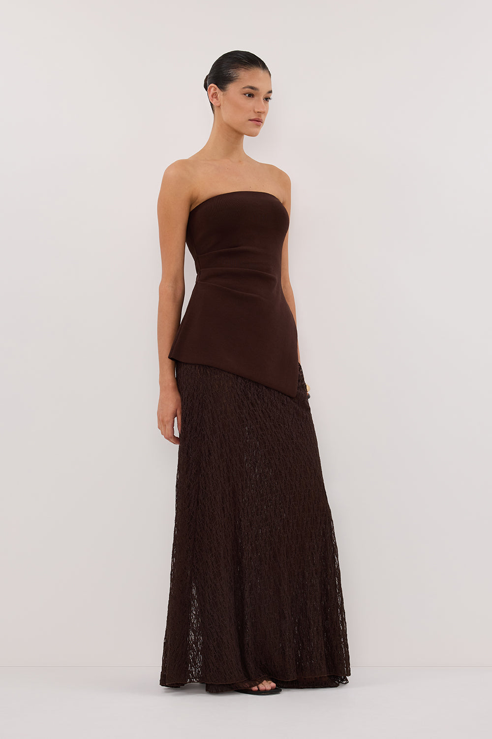 LIZZIE DARK CHOC LAYERED LACE MIDI SKIRT