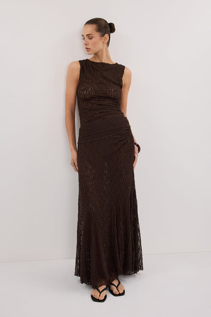 LIZZIE DARK CHOC LAYERED LACE MIDI SKIRT