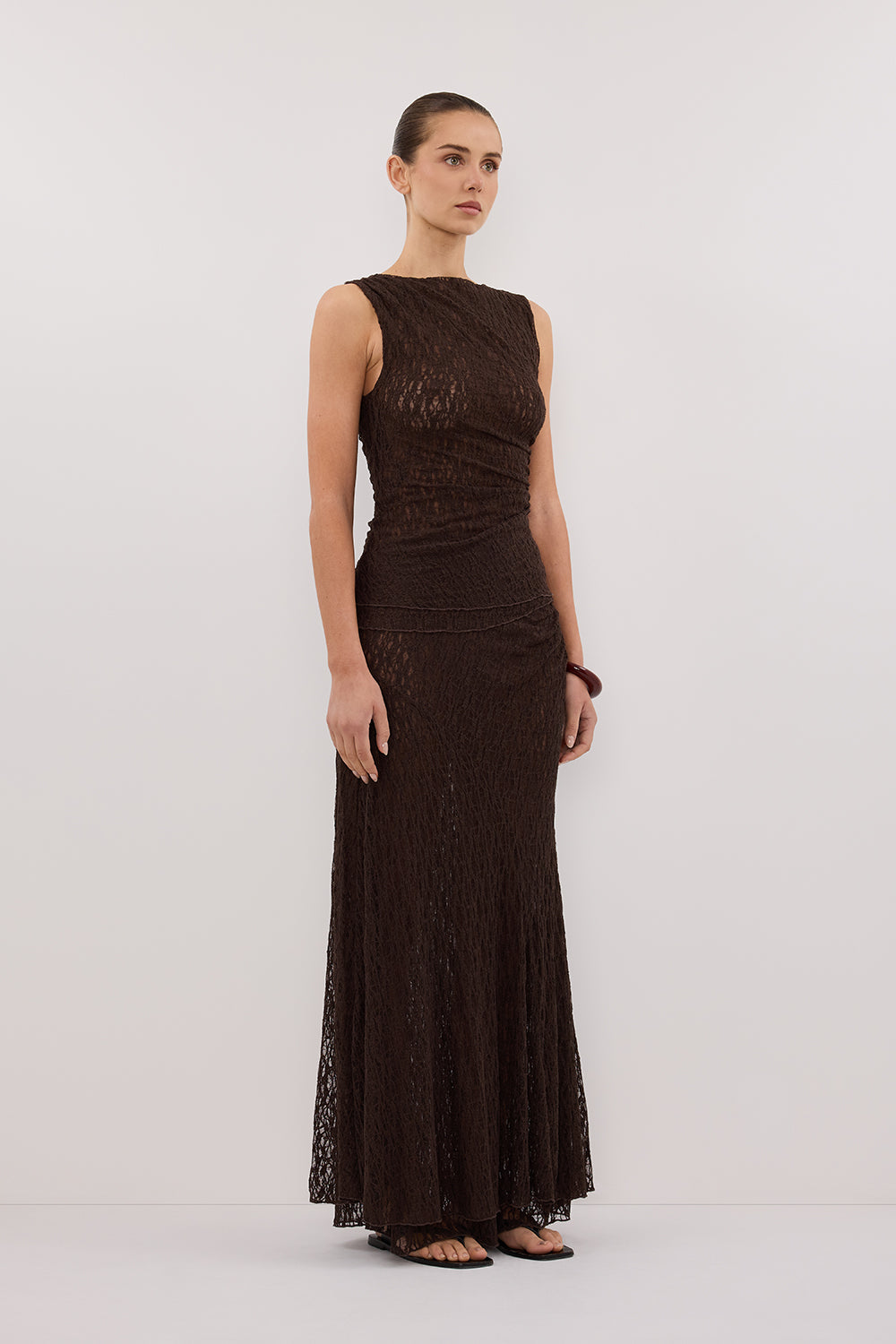 LIZZIE DARK CHOC LAYERED LACE MIDI SKIRT