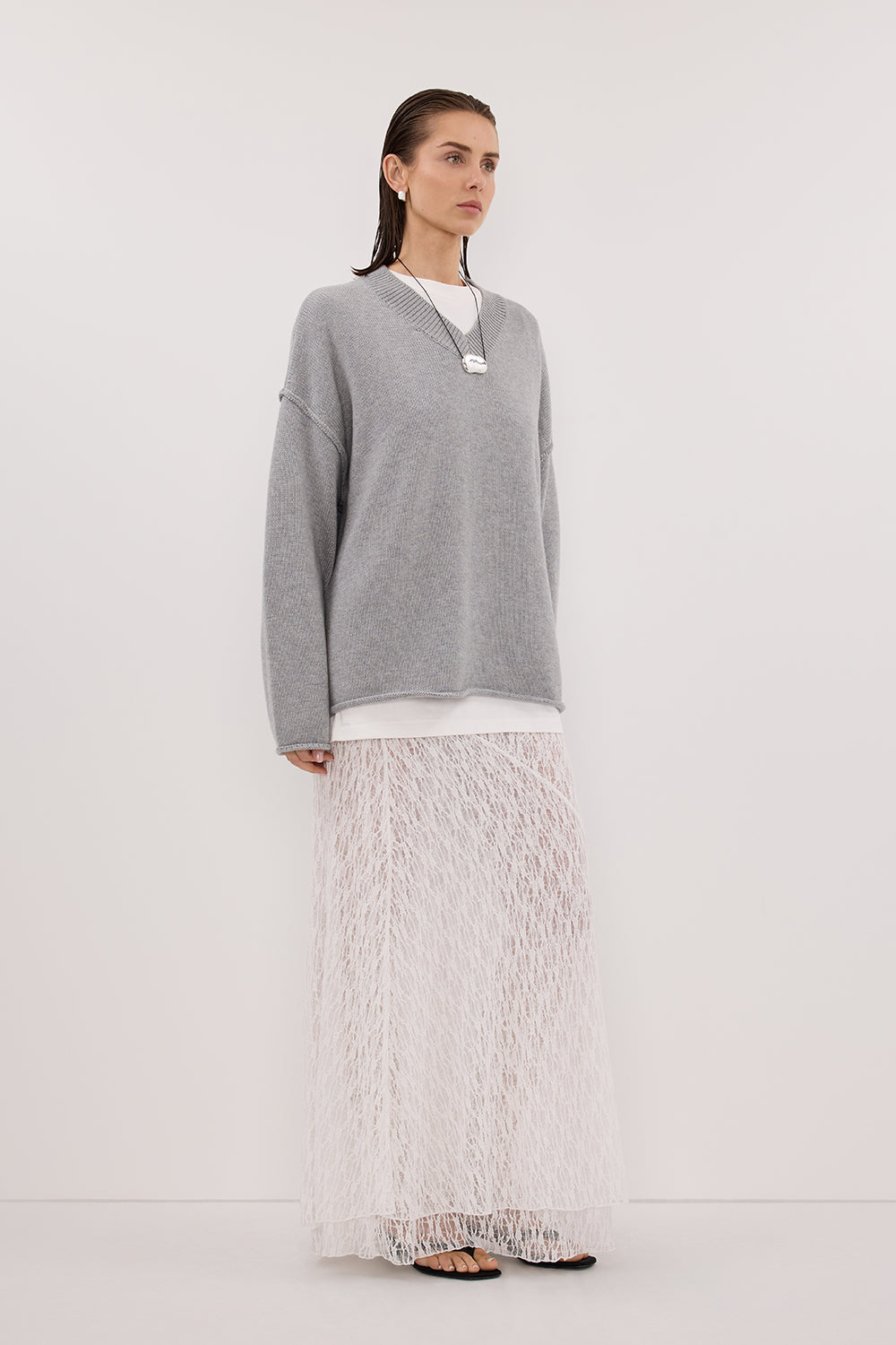LIZZIE WHITE LAYERED LACE MIDI SKIRT