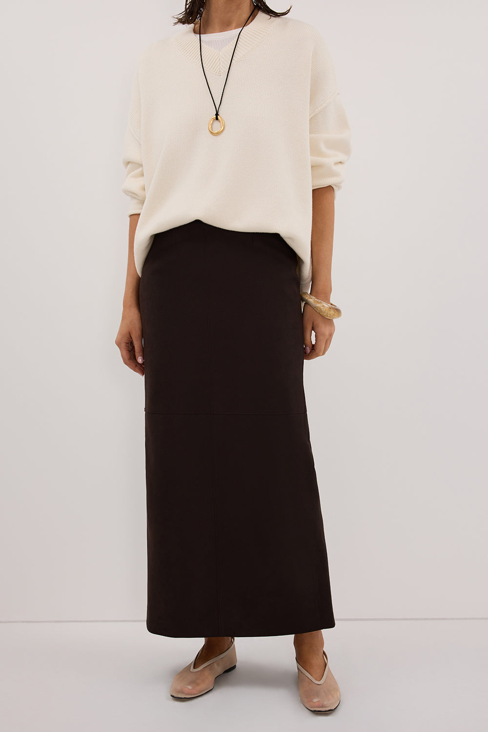 OTIS BITTER CHOC FAUX LEATHER MIDI SKIRT