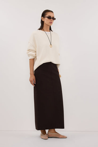 OTIS BITTER CHOC FAUX LEATHER MIDI SKIRT