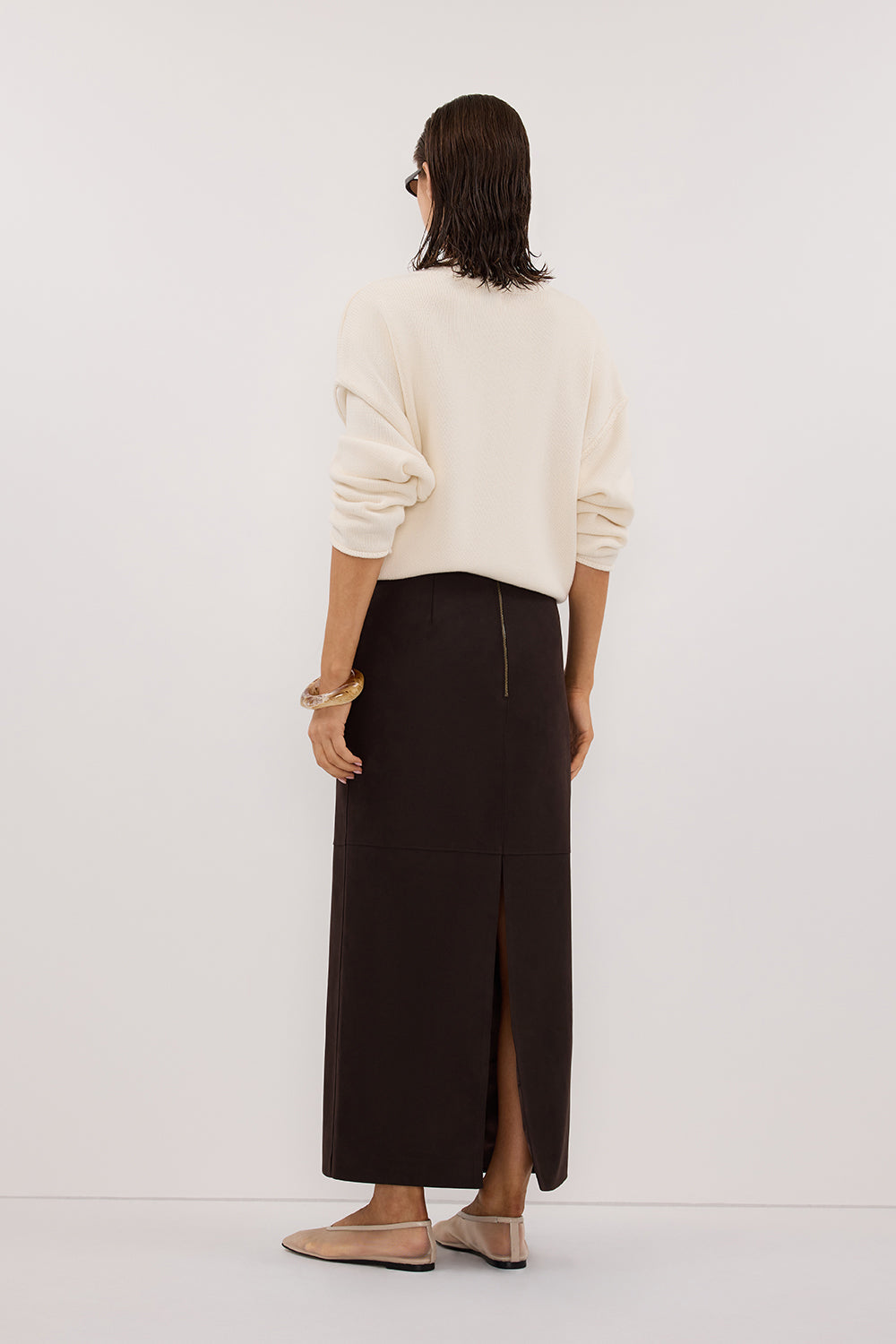 OTIS BITTER CHOC FAUX LEATHER MIDI SKIRT