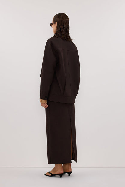 OTIS BITTER CHOC FAUX LEATHER MIDI SKIRT