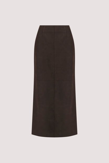 OTIS BITTER CHOC FAUX LEATHER MIDI SKIRT