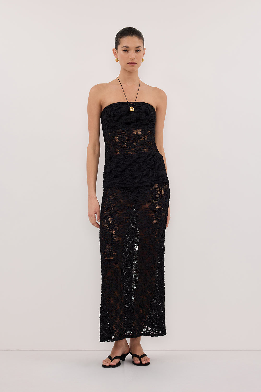 AGNES BLACK CROCHET COLUMN MIDI SKIRT